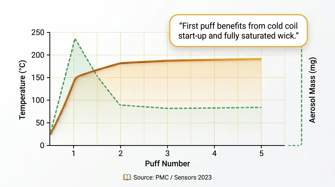 Coil temperature first puff chart Australia AU cold coil starting temperature rising through first three puffs to steady state aerosol mass primer puff effect for vape users with G'DayVape