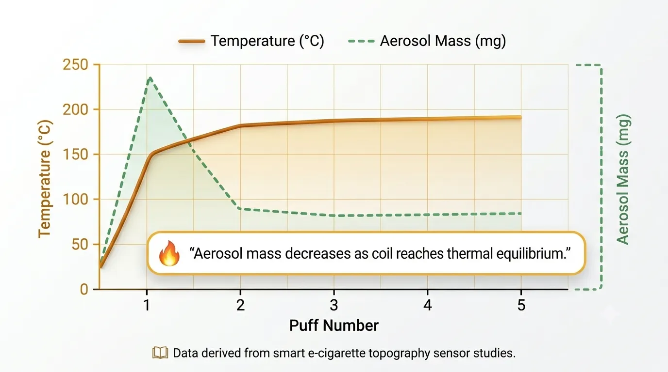 Coil temperature vs puff number Australia AU graph showing temperature rise first puff through subsequent puffs higher aerosol mass early puffs primer puff science vape users G'DayVape