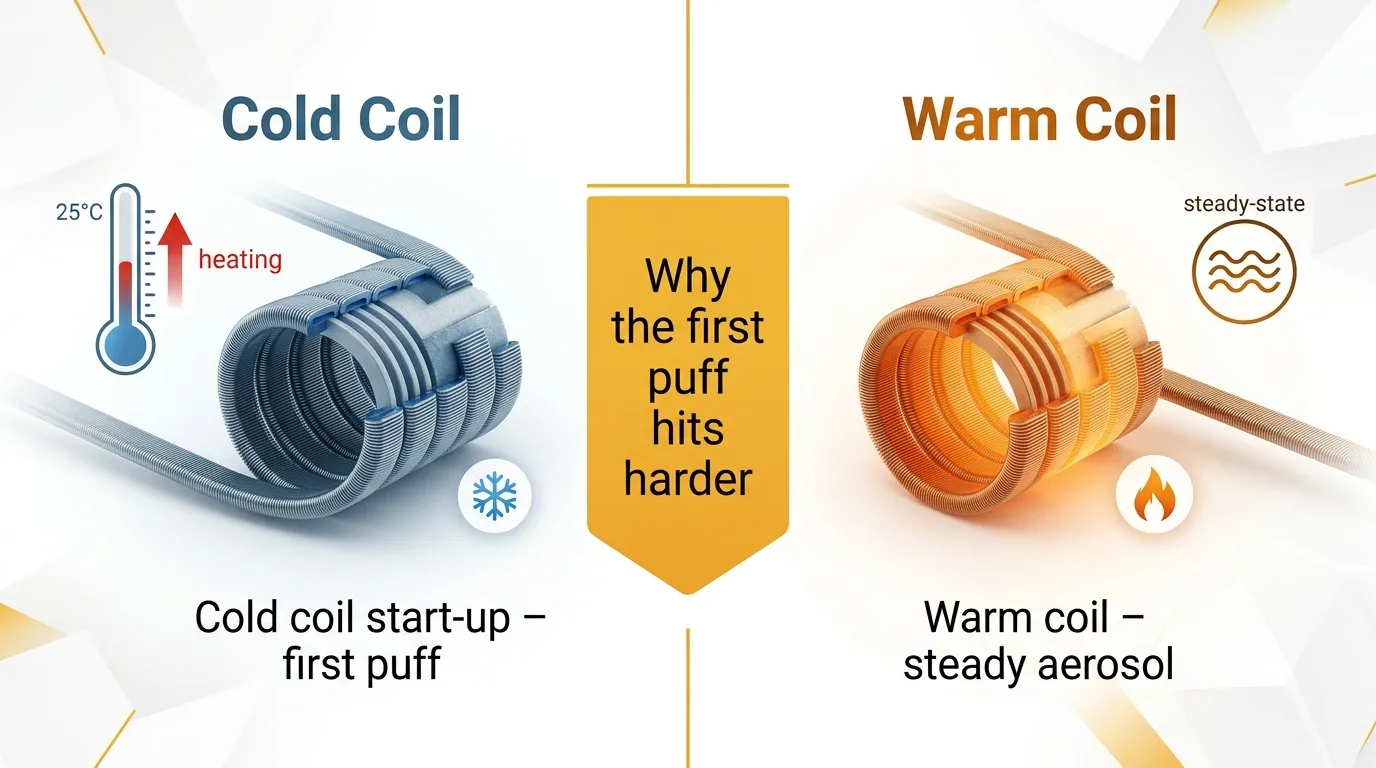Why first puff feels stronger vapor saturation and coil dynamics explained Australia AU banner cold coil startup vs warm coil steady state primer puff effect for vape users with G'DayVape