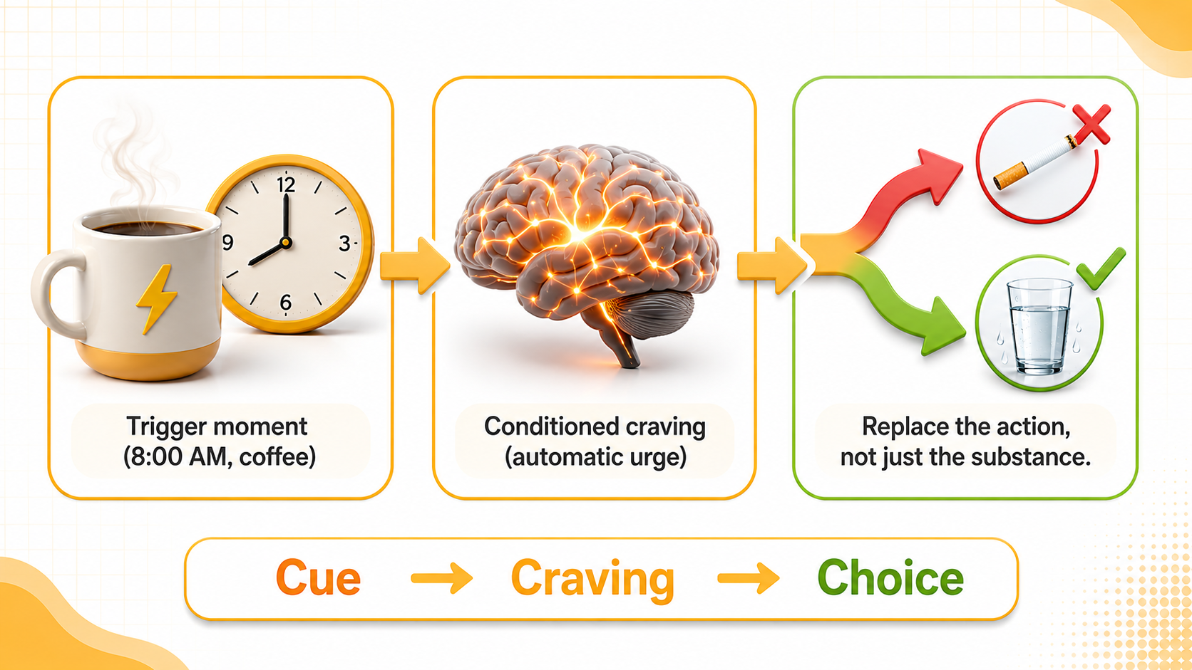 Habit loop replacement diagram Australia showing cue (morning coffee) triggering craving (nicotine urge) leading to replacement action (water or walk) instead of old smoking routine. Science of addiction and behavior change explained for vape users.