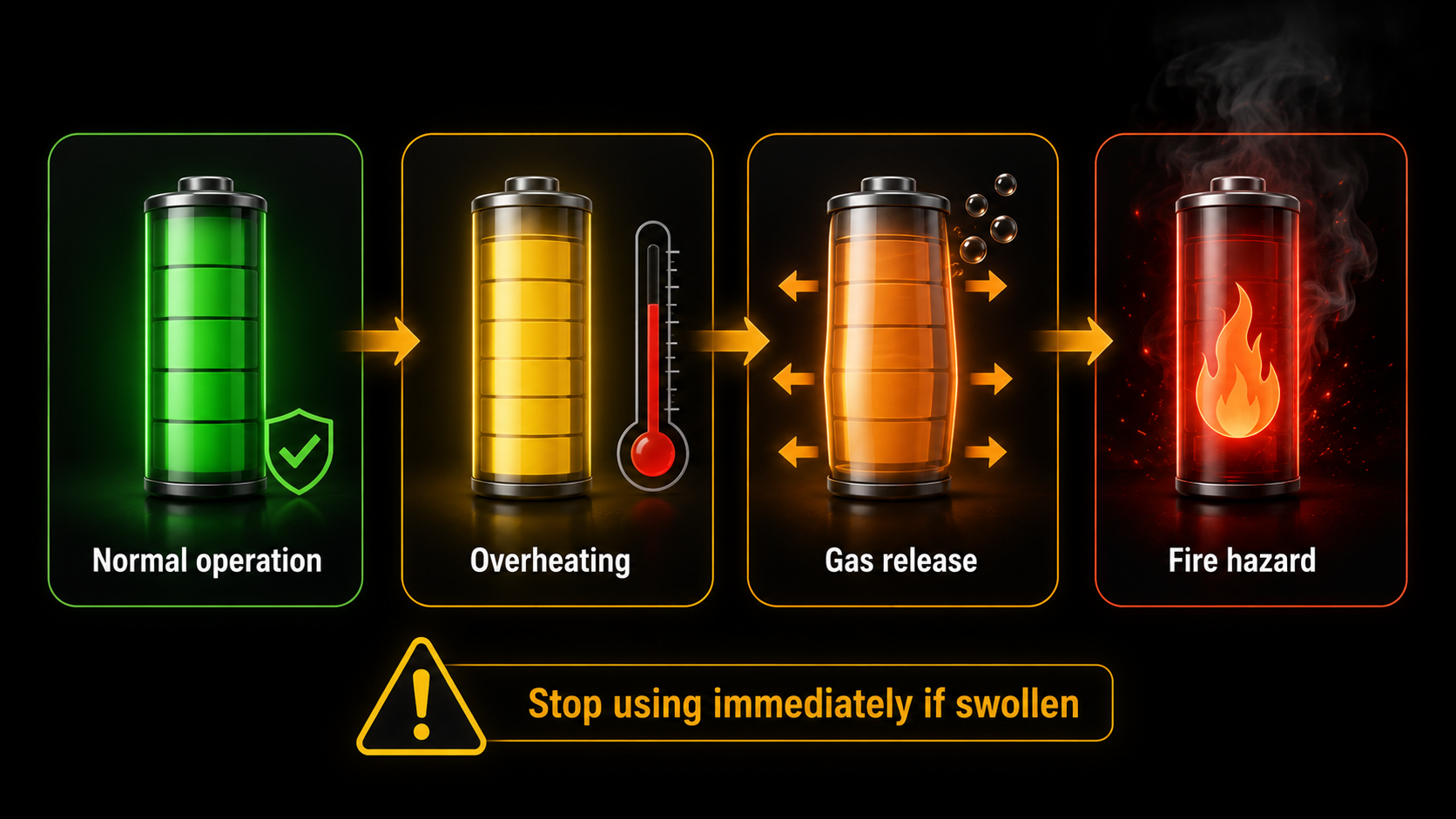 Lithium‑ion battery safety diagram showing thermal runaway process: normal battery → overheating → gas release → fire hazard. Progression arrows and warning symbols at each stage.