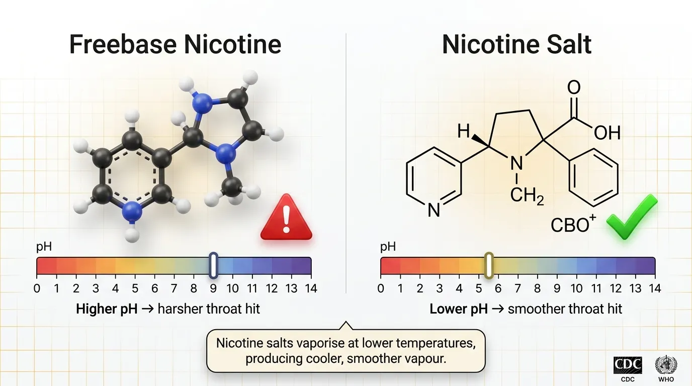 Nicotine salt smoothness chemistry Australia AU explaining lower pH and vaporisation temperature of nicotine salts vs freebase for smoother throat hit in disposable vapes and pod systems with G'DayVape
