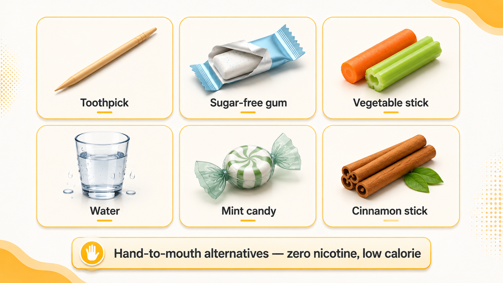 Oral substitutes for smoking Australia guide showing toothpicks, sugar-free gum, vegetable sticks, water glass, mint candies, and cinnamon sticks. Hand-to-mouth alternatives for ex-smokers and vape users during nicotine withdrawal.