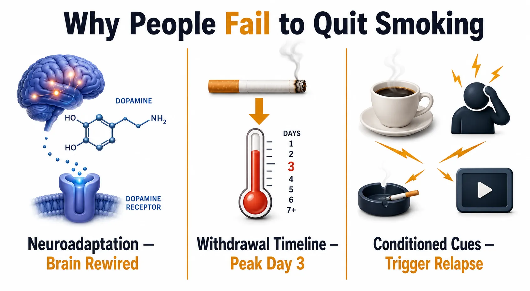 Why people fail to quit smoking Australia AU infographic showing brain neuroadaptation nicotine withdrawal timeline and conditioned cues for vape users - G'DayVape disposable vape cessation guide