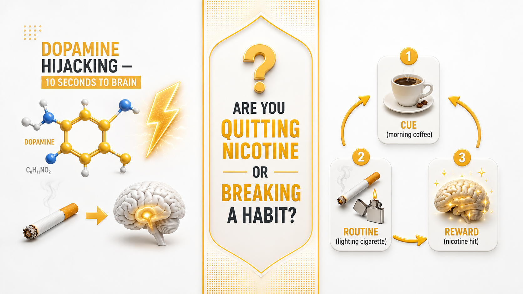 Are you quitting nicotine or breaking a habit psychology Australia AU banner dopamine hijacking vs cue routine reward loop for smoking and vaping cessation guide - G'DayVape disposable alternative