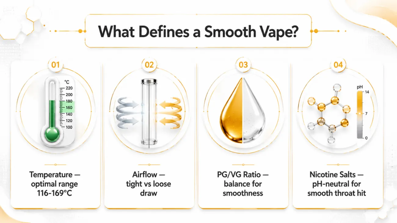 Smooth vape definition Australia AU infographic showing four key factors heat temperature optimal range 116 to 169 degrees Celsius airflow draw resistance PG VG ratio balance and nicotine salt chemistry for smoother throat hit in disposable vape and pod devices with G'DayVape