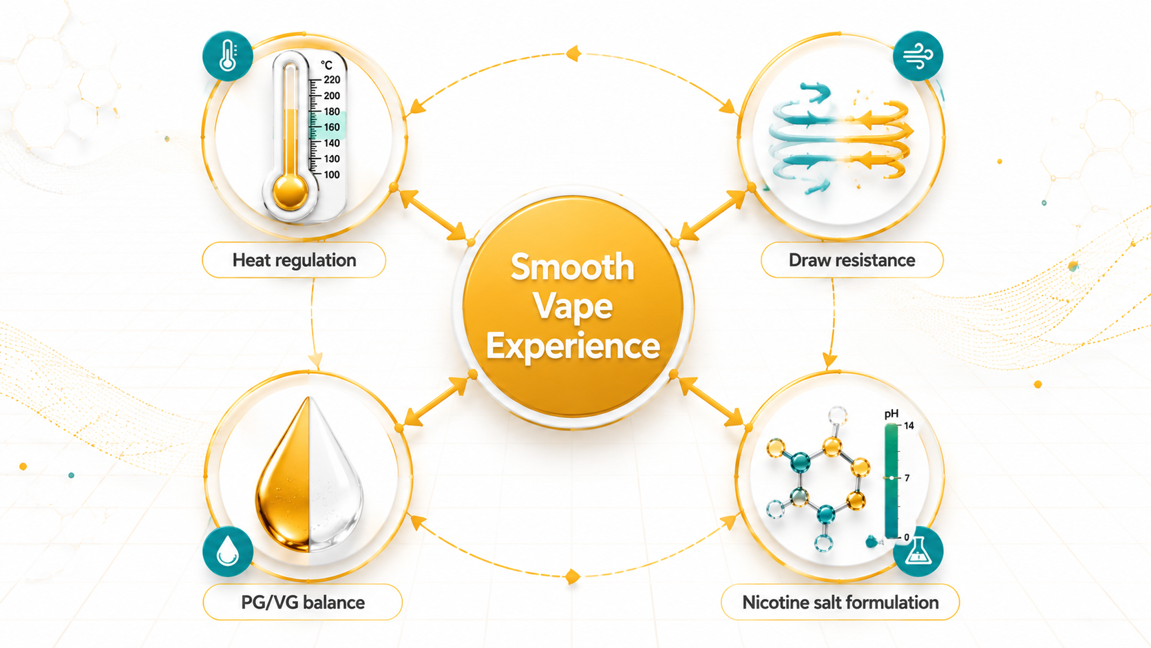 Smooth vape factors diagram Australia AU showing four interconnected elements heat temperature control, airflow resistance, PG VG e-liquid ratio, and nicotine salt chemistry for G'DayVape disposable vape and pod users